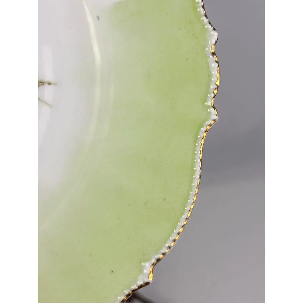 Antique Unmarked Hand Painted Porcelain Plate Green White Floral Gold Trim‎